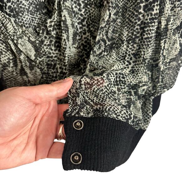 Free People Lori Bomber Jacket Oversized Sz M Black Sheer Snake-print Snap Front - Picture 8 of 14